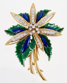 Italian 18k Diamond and Enamel Flower Brooch