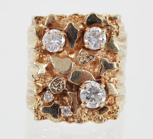 14k Gold Nugget Diamond Signet Mens Ring