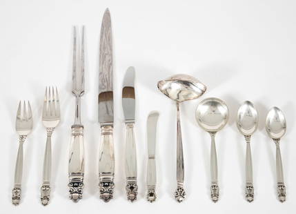 45 piece Georg Jensen Sterling Silver Acorn Flatware Set: 45 piece set of Georg Jensen (1866-1935) Acorn pattern flatware, Danish, introduced in 1915. The pattern was a collaboration between Jensen and designer Johan Rohde. Includes: 6 teaspoons, 6 soup spoo