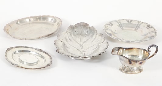 Group of 3 Sterling Silver Platters along with SP Gravy Boat and Tray