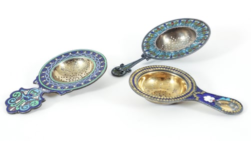 3 Gold Wash Silver Cloisonne and Plique a Jour Tea Strainers