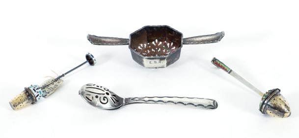 4 Tea Strainers Russian Silver Enamel Gold Wash Tiffany