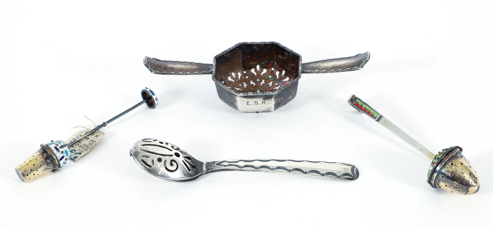 4 Tea Strainers Russian Silver Enamel Gold Wash Tiffany (1 of 5)