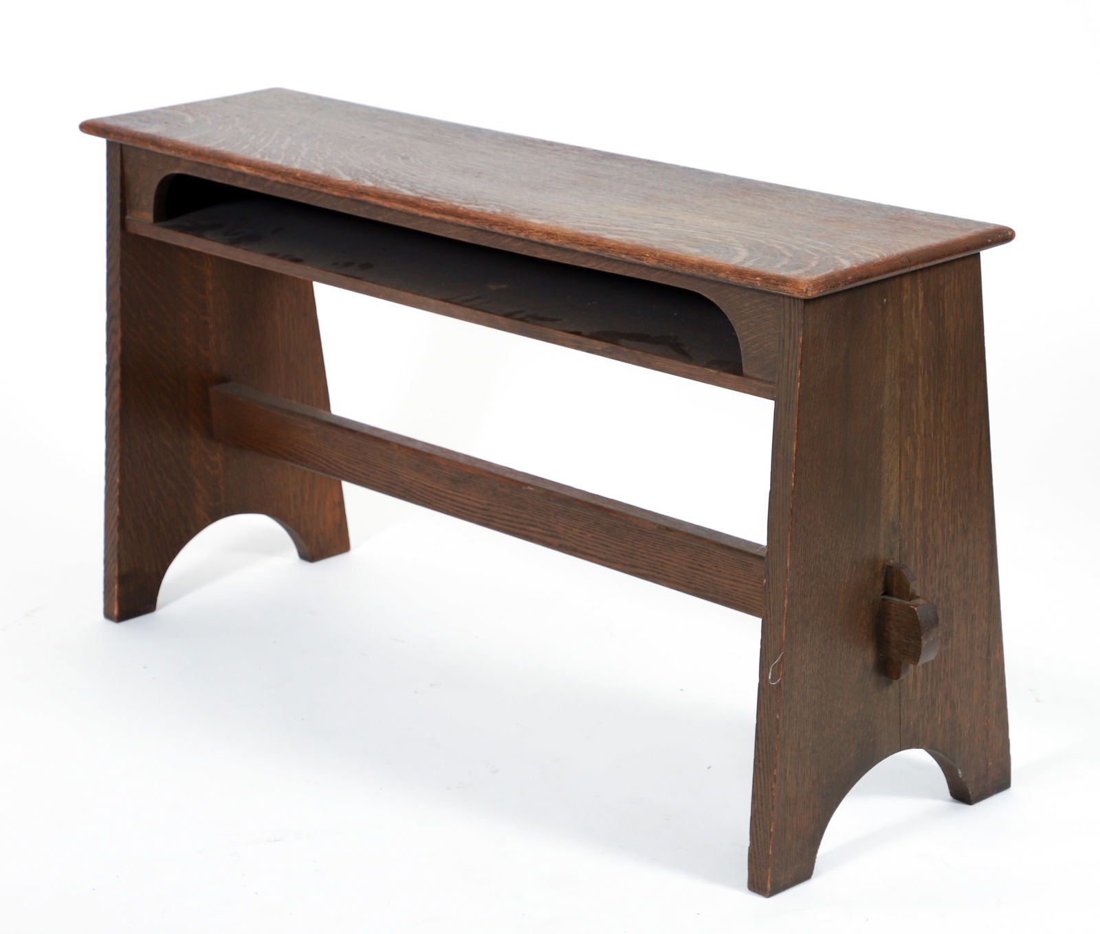 Stickley Style Oak Organ Bench: Stickley style oak organ bench, American, early 20th century. Rectangular seat above trestle-form base with through-tenon construction. Apparently unmarked. 26 x 48 x 15.25 inches.