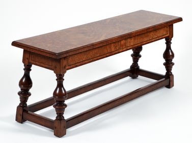 Oak and Burl Wood Inlay Jacobean Revival Bench