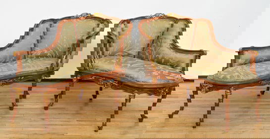 Pair of Louis XV Style Chaise Lounges, Sage Silk Upholstery