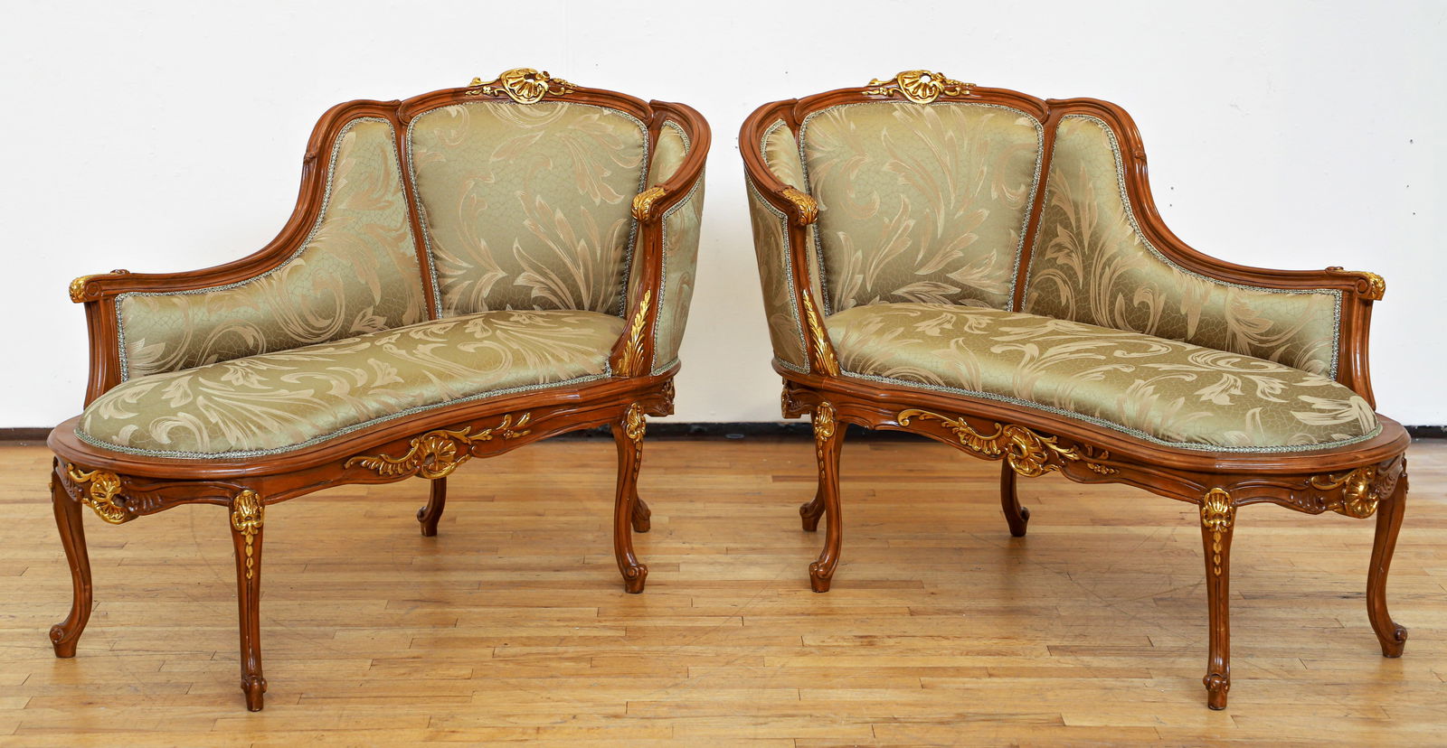 Pair of Louis XV Style Chaise Lounges, Sage Silk Upholstery (1 of 8)