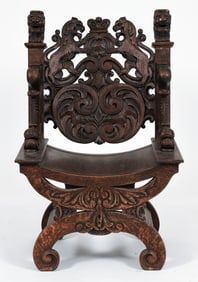 Renaissance Revival Highly Carved Oak Throne Chair