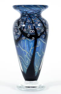 Doug Merritt and Stephen Smarr Vandermark Studios Vase: Merritt, Doug (American, Contemporary) and Smarr, Stephen (American, Contemporary) for Vandermark Studios, Pedestal Art Glass vase, late 20th century. Floral and scrolling motif. Incised signatures, 0