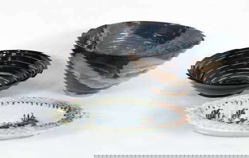 3 Pieces of Studio Pottery, Genevieve Groesbeck, Jon Yager: 3 Pieces of American studio pottery. Includes: Genevieve Groesbeck studio pottery drip glaze large bowl, incised signature at underside, 10 x 21.5 inches; Jon Yager Large bowl with black and white spi