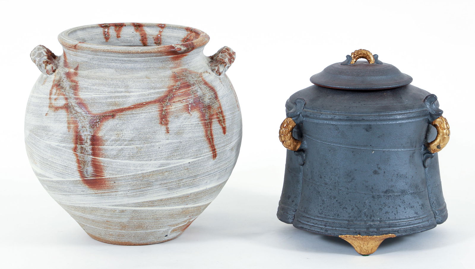2 Derek Marshall Studio Pottery Handled Vessels: 2 Derek Marshall (Contemporary) handled vessels, late 20th/early 21st century. One lidded and footed vase with three gilt handles, shaped form, 11 x 9.5 inches; tsubo with handles, 11.5 x 12 inches. S
