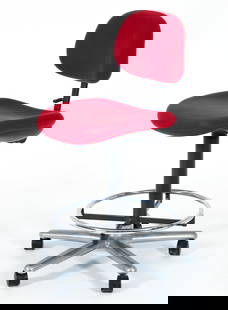 Herman Miller Ergon Task Chair: Herman Miller, Ergon Task Chair, c.1986, chromed frame, red fabric upholstery, marks and labels on the underside of the seat, 38 x 18 x 21 inches.