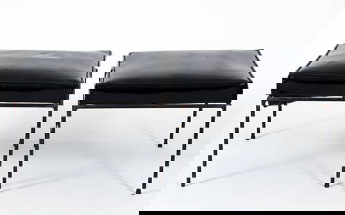 Pair of Stools Attributed to Paul McCobb for Custom Craft: Pair of wrought iron and black vinyl stools/ottomans attributed to Paul McCobb for Custom Craft, model 1305, 1950s. Apparently unlabeled and unmarked. 15.5 x 20 x 20 inches.