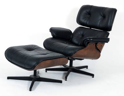 Chairworks Company Eames Style Lounge Chair: Chairworks Company Eames style lounge chair, Korean, mid 20th century. Classic Mid Century Modern style after the iconic Charles and Ray Eames for Herman Miller lounge chair. Black leather upholstery.