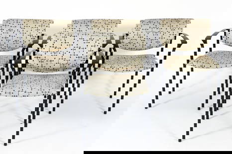 4 Steelcase Player Chairs Eames Small Dot Upholstery: 4 Steelcase Player stacking armchairs, Canadian, 2001. The seats and backs are upholstered in black and white Small Dot pattern upholstery first designed by Charles and Ray Eames in 1947. Black coated