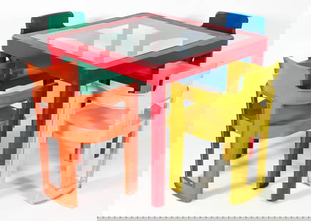 Syroco Colorfully Lacquered Table and Chairs: Vintage Syroco molded polymer table and chairs, American, mid 20th century. Square table lacquered in red, with glass inset at top surface. Four armchairs lacquered in green, blue, orange, and