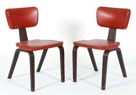 Pair of MCM Thonet Bentwood Side Chairs: Pair of Thonet bentwood side chairs with orange vinyl upholstery, American, mid century modern. Shaped seats. Appropriately labeled at undersides. Approximately 30 x 17 x 19 inches.