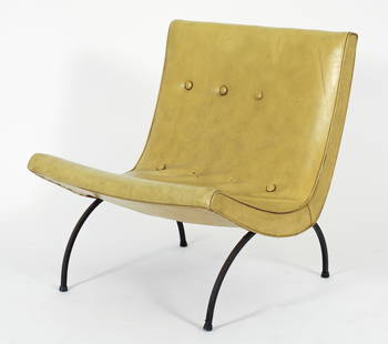 Milo Baughman Scoop Lounge Chair in Yellow Vinyl: Milo Baughman for Thayer Coggin Scoop lounge chair, American, 1950s. In original yellow vinyl upholstery with floating buttons, resting on wrought iron curved legs. Apparently unlabeled. 28 x 24 x 28