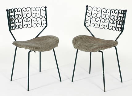 Pair of Arthur Umanoff Wrought Iron Granada Chairs: Pair of Arthur Umanoff (1923–1985) for Boyuer-Scott Furniture green lacquered Granada wrought iron side chairs, American, 1960s. First designed in 1964. Seats reupholstered. Apparently unlabeled and
