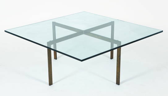 After Mies Van Der Rohe Barcelona Cocktail Table: X-form metal base and square glass top coffee/cocktail table, in the style of Mies Van Der Rohe, after the iconic Barcelona cocktail table. Mid 20th century production. Base 15 x 24.5 x 24.5 inches.