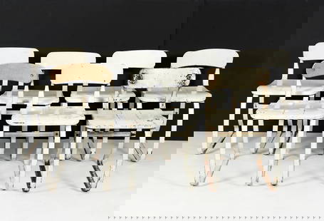 7 Herman Sperlich for Ironrite Ergonomic Health Chairs: Set of 7 Herman Sperlich for Ironrite Ironer Company ergonomic Health Chairs, American, Detroit, MI, 1950s. White lacquered steel. Tilting backrests. The chairs were designed to optimize posture and