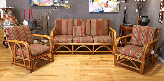 Rattan Patio Set Including 2 Armchairs and 1 Sofa: 20th century rattan bentwood patio set including 1 sofa and 2 armchairs. Upholstered in striped hunter green and cranberry textile. No-sag zig zag spring supports under seats. Apparently unmarked and
