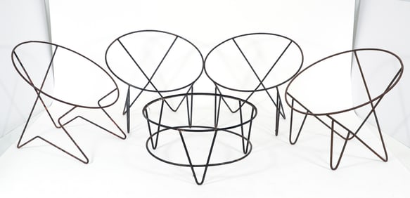 MCM Wrought Iron Hairpin Leg Hoop Chairs and Coffee Table