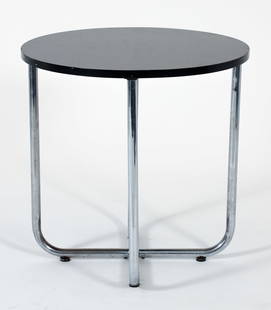 Breuer Style Bauhaus Circular Side Table: Marcel Breuer Bauhaus style circular occasional table. Tubular chrome base under a black lacquered top. Apparently unmarked. 24 x 24 inches.