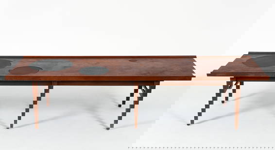 Mid Century Modern Coffee Table with Inset Circles: Mid century modern coffee table with inset circles. Rectangular table top resting on 6 legs joined by stretchers. Apparently unlabeled and unmarked. 15.5 x 19.75 x 66 inches.
