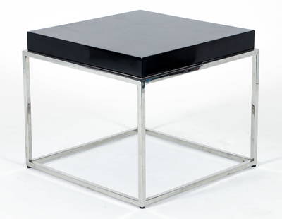 20th Century Modernist Side Table: 20th Century square form Modernist side table. Black lacquer top resting on a chromed base. Apparently unlabeled and unmarked. 18 x 20.5 x 20.5 inches.