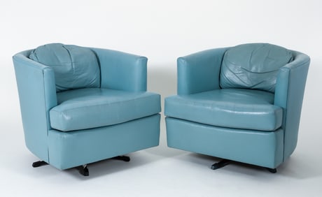 Pair of Light Blue Leather Drexel Barrel Back Swivel Chairs