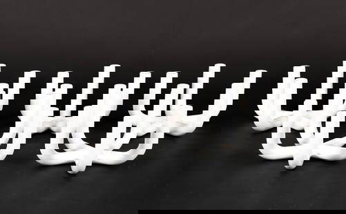 5 Sir Terence Conran for Design by Conran Candelabra: Set of 5 Sir Terence Conran for Design by Conran contemporary five arm candelabra. White powder coated metal. Each appropriately stamped at undersides. Each 5 x 8.5 inches.