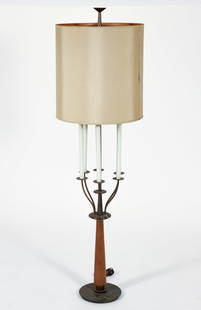 Tommi Parzinger for Stiffell Candelabra Table Lamp: Tommi Anton Parzinger (German, 1903-1981) for Stiffel Lamp Company, American, Chicago, Illinois, 1950s. Brass and teak mid century modern table lamp with 6 light sockets. 57 x16 inches, shade 17.25 x