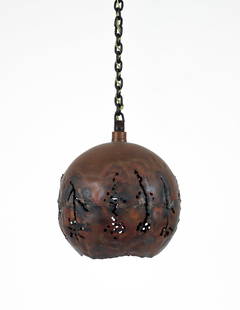 Brutalist Torchcut Abstract Falling Flower Pendant Lamp: Brutalist copper orb pendant lamp in the manner of Tom Greene, mid 20th century. Torchcut swag/pendant lamp with pierced floral motif throughout. Apparently unsigned and unlabeled. Shade 11 x 13.5