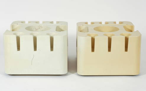 2 Sergio Mazza for Artemide Bacco Bar Carts: 2 Sergio Mazza for Artemide Bacco Bar Carts, Italian, 1970s. Molded white ABS plastic rolling bar carts with compartments for ice bucket, cups, bar utensils, and bottles. Four rubber and steel