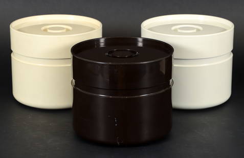 3 Sergio Asti for Heller Ice Buckets: 3 Heller melamine ice buckets designed by Sergio Asti (Italian, 1926-2021) in 1972. Two white and one brown. One new in box, otherwise unmarked, 7.75 x 9.5 inches each.