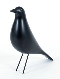 Charles and Ray Eames House Bird Sculpture: Charles and Ray Eames House Bird sculpture, in black alder wood with steel wire legs coming to a point, 10 inches tall, with Vitra Design Museum paper label attached to underside.