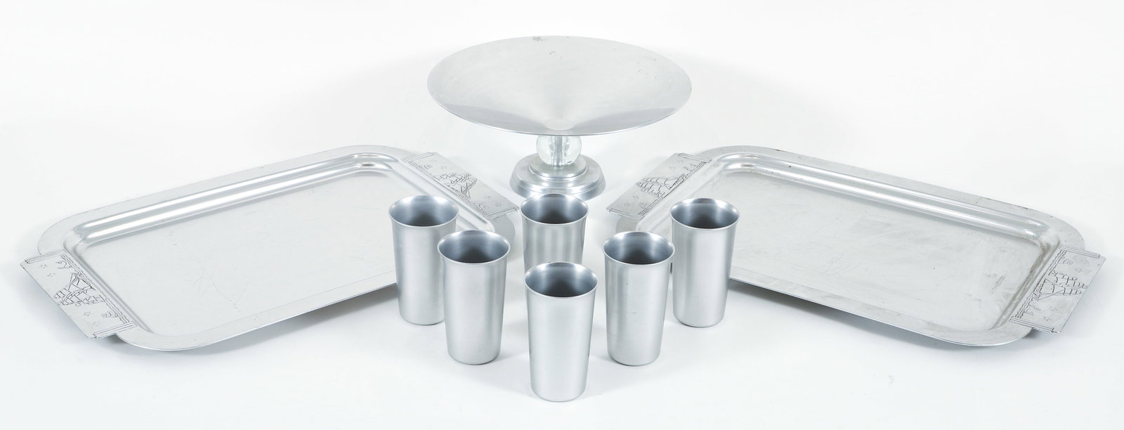 Collection of Kensington Ware Aluminum Items: Includes: Aluminum and glass compote designed by Lurelle Van Arsdale Guild (American, 1898-1985) for Kensington Ware, Inc. (New Kensington, Pennsylvania, 1934-1965, a subsidiary of Alcoa, Pittsburgh, 