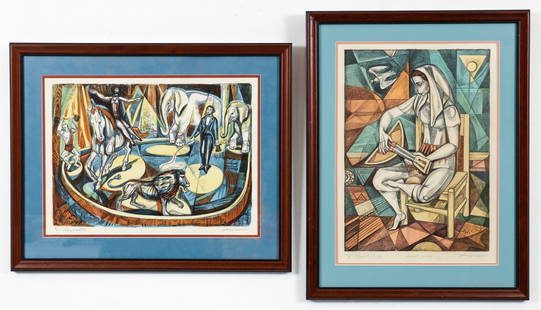 Pair of Irving Amen Color Etchings Signed: Amen, Irving (American, 1918-2011). Lot of 2 color etchings: Ringmaster, undated, ed. 7/300, plate size 13 x 18 inches, framed 20.5 x 25.25 inches. Mandolin, undated, color etching, A/P, plate size 18