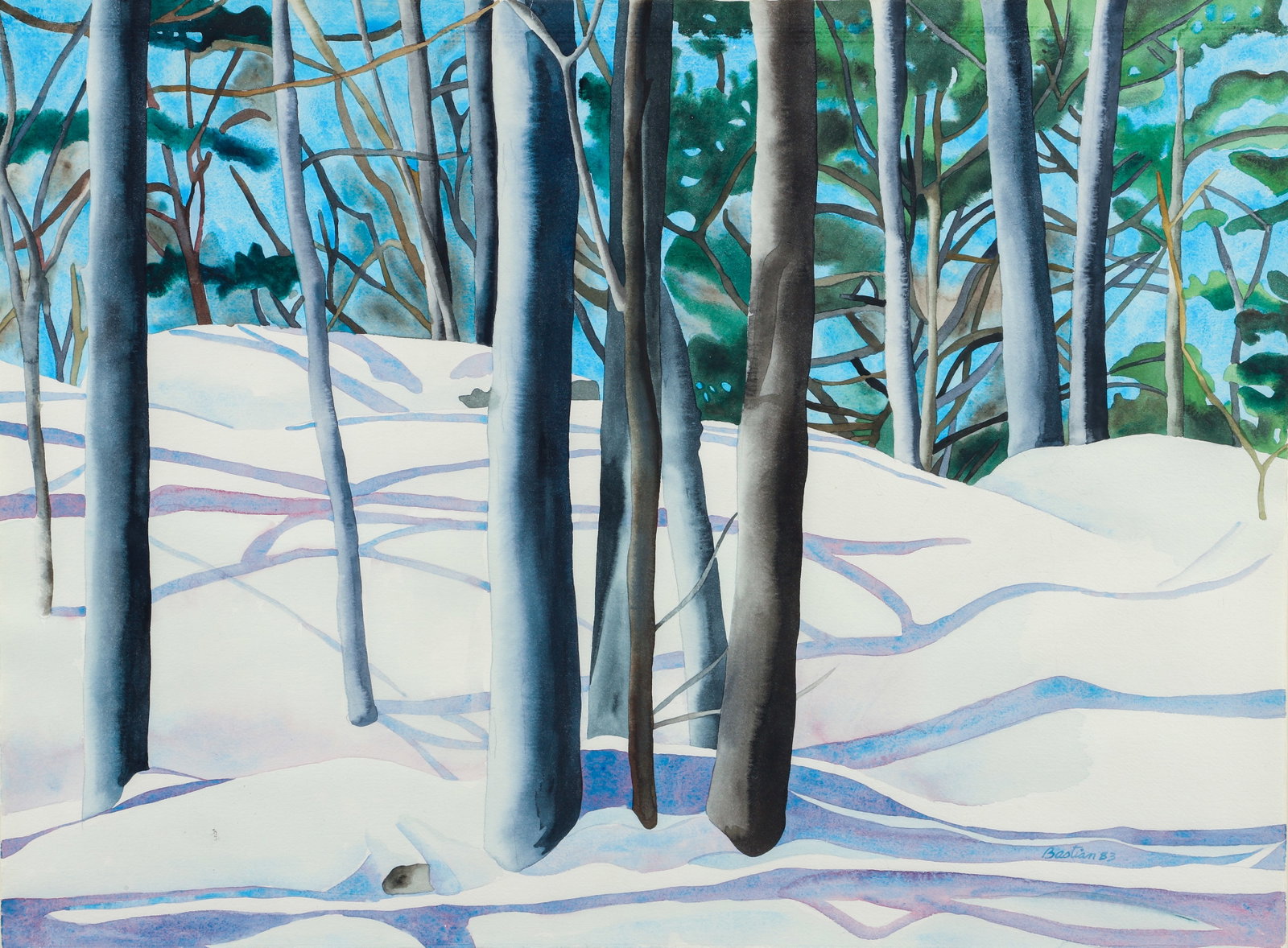 Linda Bastian 1983 watercolor Pine Forest Delaware River: Bastian, Linda (American, born 1940), Pine Forest Delaware River, 1983, watercolor, 22 x 30 inches, signed and dated lower right, framed in a wood frame measuring 28 x 35.5 inches