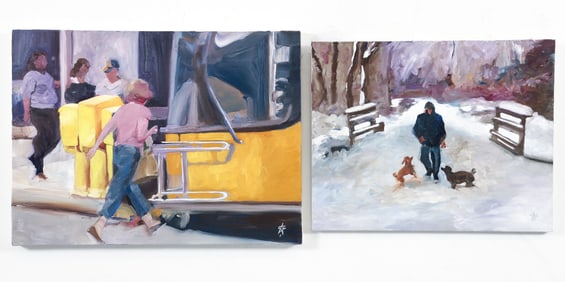 2 Steven Boksenbaum Oil on Canvas, Yellow Bus, Dogs