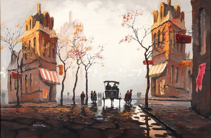 Ferrar Oil on Canvas Paris Streetscape Mid 20th Century
