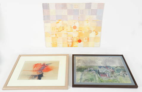 Group of 3 Watercolors, Larissa Osby, Soft Line Journey, Houses: Group of 3 watercolors on paper. Osby, Larissa Geiss (Russian/American/Pittsburgh, PA, 1928-2017), Untitled Abstract, mid 20th century, ink and watercolor on paper, signed in pencil at left, sight 11