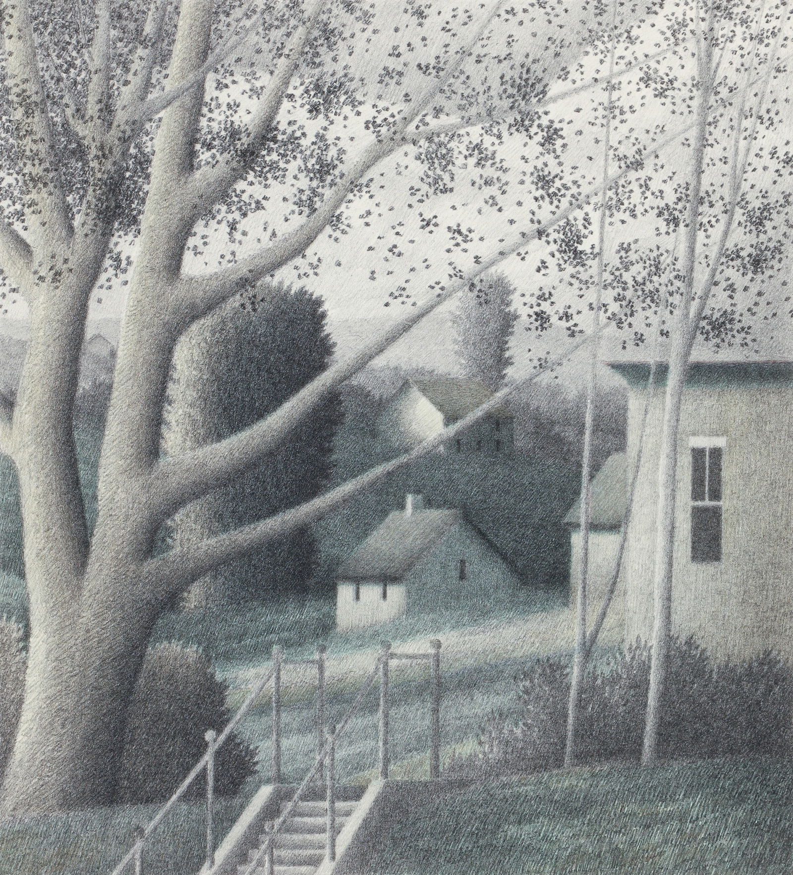 Robert Kipniss Stairway Lithograph Signed: Kipniss, Robert (American, b. 1931), Stairway, 1985, color lithograph, pencil signed and editioned 57/120 at lower margin, image size 11 x 10 inches, framed 22.75 x 21 inches.