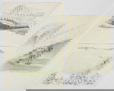 3 unsigned drawings from Surrealism collector: Lot of 3 drawings from the estate of a collector of surrealist art and books (mostly Max Ernst, Dorothea Tanning and Joan Miro), all unsigned, c.1970s, 8 x 11.5 inches and slightly smaller, unframed.
