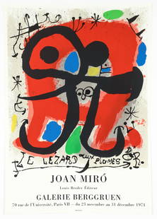 Joan Miro Le Lezard Aux Plumes D'Or 1971 Litho Exhibition Poster: Miro, Joan (Spanish/Catalan, 1893-1983), exhibition poster featuring Le Lezard Aux Plumes D'Or from Miro's Broder Collection for Galerie Berggruen, Paris, 1971, lithograph poster printed by Mourlot, p