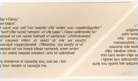Adrian Piper My Calling Card I Am Black 1986: Piper, Adrian (American, contemporary), My Calling Card #1 (Dear Friend, I am black?), 1986, published by Angry Arts, 2 x 3.5 inches, printed on both sides.