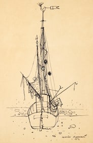 Claude Roederer Sailing Ship Ink on Paper 1954
