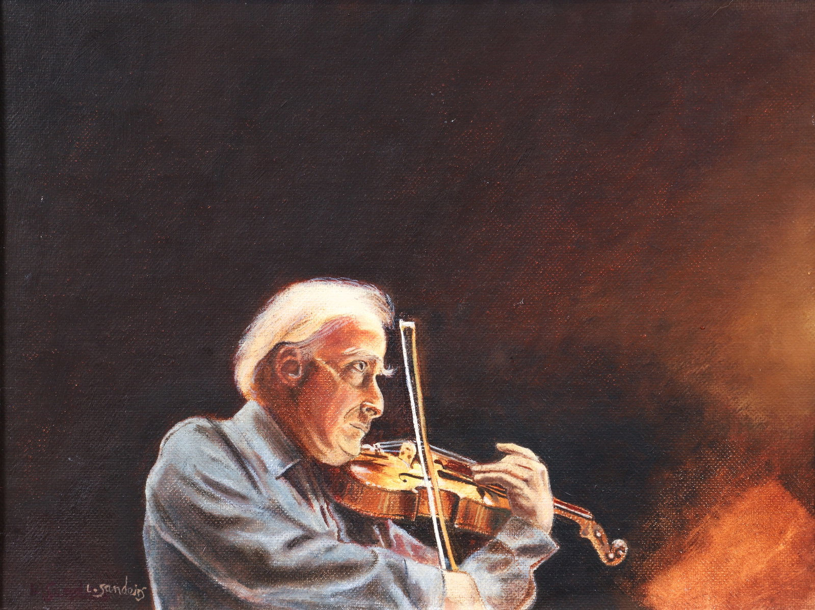 Lynne Sanders Menuhin at Practice Oil Painting Signed: Sanders, Lynne (Contemporary), Yehudi Menuhin at Practice, oil on board, signed twice at lower left, board 9 x 12 inches, framed 17 x 20 inches.