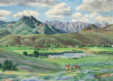 Dwight Shepler 1953 watercolor Riders in a Western Landscape